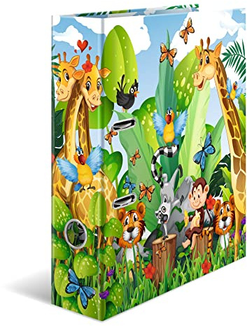 HERMA 19277 Folder DIN A4 Nursery Animals Jungle Set of 10 7 cm Wide Sturdy Cardboard Coloured Outside and Inside Print in High-Quality Design Ring Binder Lever Arch File Office Folder Motif Folder