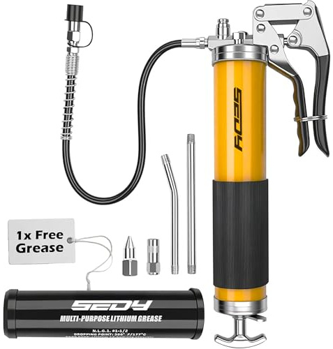 SEDY Heavy Duty Grease Gun Kit - 14oz Free Grease Tube 8000 PSI Pistol High Pressure Flexible Hose Bearing Grease Pump Marine Durable Connectors Adapters Extension Tubes Nozzle Easy Operation