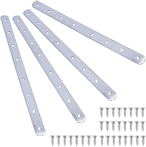 JSIFM 4 Pcs Flat Straight Brace Brackets Stainless Steel Mending Joining Plates Heavy Duty Metal Plate Connector with 32 Pcs Screws for Repair fixing Wood Chair, Bookshelf Board Window Furniture 295mm