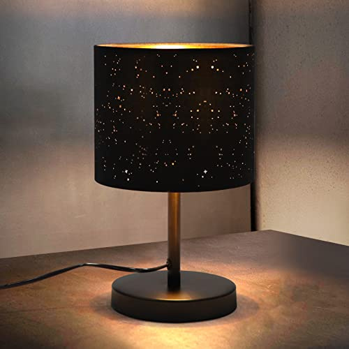 ZMH Tischlampe Landhausstil Nachttischlampe aus Stoff - E27 Fassung Vintage | Tischleuchte Wohnzimmer Stern Design Retro Lampenschirm Schwarz Gold Nachttischleuchte für Schlafzimmer Hotel Café