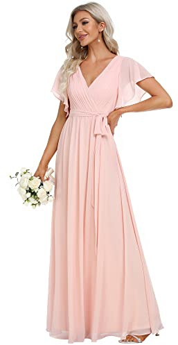 Ever-Pretty Robe pour Mariage Invité Longue Femme Col V Mousseline A Line Manches Courtes Plissé Chic EE0164A