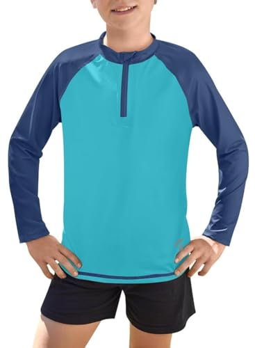 BesserBay Jungen Rash Guard Langarm 1/4 Zip UPF 50+ UV-Schutz Schwimmshirt Badeshirt Marineblau Hellblau 150