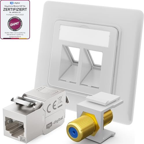 hb-digital 5X Anschlussdose Netzwerkdose LAN Dose Unterputz mit RJ45 Keystone Modul CAT 6a und vergoldet F-Verbinder Keystone F-Buchse Keystone-Halterung Adapter - Signalweiss