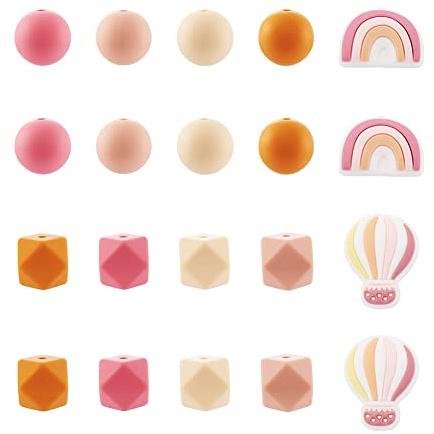 Cheriswelry Lot de 50 perles en silicone arc-en-ciel en forme de montgolfière - Formes plates, octogonales et rondes - Pour la création de bijoux DIY