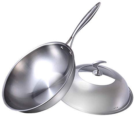 OQHAIR Sartenes y ollas de Cocina Sartén Wok de Acero Inoxidable Sartén Antiadherente para cocinar y Verter Wok con Tapa y asa Multipropósito para Gas/inducción, 33 cm (13 Pulgadas), SART
