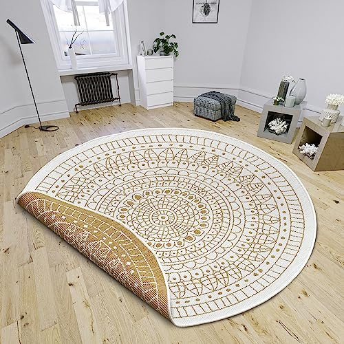 NORTHRUGS Porto - Tapis d'intérieur et d'extérieur - Rond - Réversible - Imperméable - Design Mandala - Tissage Plat - Résistant aux intempéries - pour Balcon, terrasse, Jardin, Salon - Ocre -