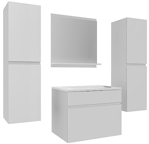 wohnartig | Stella 50 Badmöbel Set WEIß/WEIß Hochglanz | Waschtischunterschrank mit Waschbecken| 2 x Hochschrank |Spiegel mit Ablage|