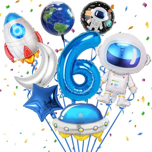 Weltraum Astronaut Folienballon,Zahl 6 Geburtstag,8 Stück Astronauten Raketen Raumschiff Stern Mond Runde Folienballons,Kinder Geburtstag Deko,Jungen Kindergeburtstag Dekorationen Party (Nummer 6)