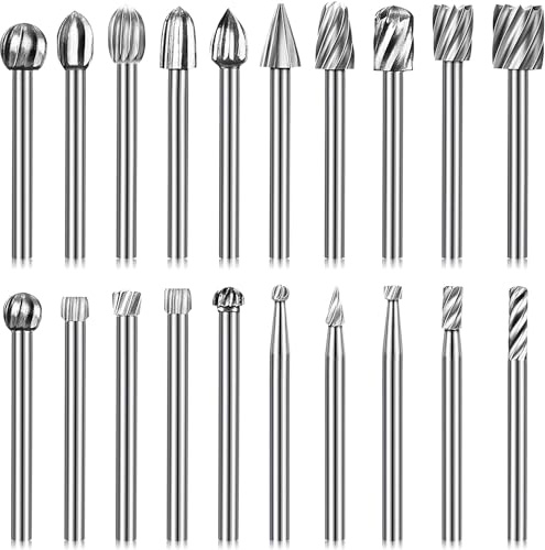 20 teiliges Holzschnitzbohrer Set, 1/8 Zoll (3 mm) Schaft, Wolframkarbid-Rotationswerkzeuge, Zubehör für Heimwerker-Holzarbeiten, Gravieren, Rillen, Polieren, geeignet für die meisten Rotationswerkzeu
