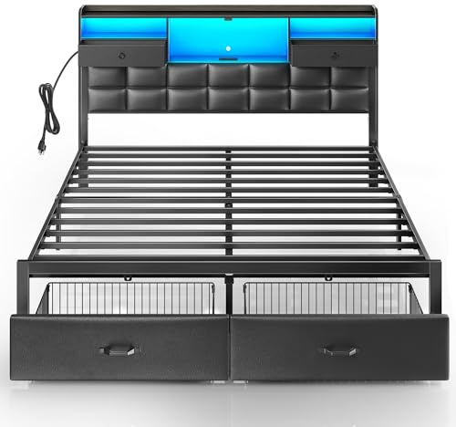 Rolanstar Bed Frame King Size with Drawers and Charging Station, Upholstered Platform Bed with Storage Headboard and LED Light, Heavy Duty Metal Frame Support, No Box Spring Needed, Noise Free, Black