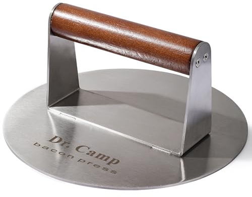 Dr.Camp 7 Inch Stainless Steel Smash Burger Press Burger Smasher Bacon Press Meat Press for Griddle Flat Top Grill with Solid Wood Handle Smooth Bottom Heavy Duty (Round)