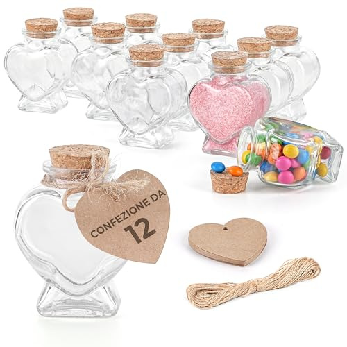 Winter Shore 70 ml Herz-Gläschen mit Korken, Anhänger & Seil (12 Pack) | Glasflasche Deko, Wiederverwendbare Mini Glasflaschen mit Korken für Nachrichten & DIY, Mini Fläschchen Rustikale Geschenke