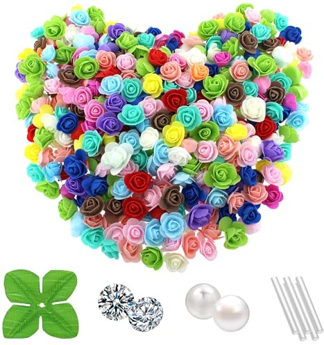 Vignor 500 Pcs 1.4 Inch Mini Artificial Flowers Head Bulk 5 in 1 Set Faux Foam Fake Small Rose Tiny Baby Flores Bouquet Cake Gift Home Decoration DIY Craft (Multiple Mixed Color)