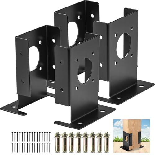 Btowin VCF 4-Piece Set 4x4 Black Metal Post Base Brackets Kit, Heavy Duty Deck Pergola Railing Support Base, Adjustable, Easy to Install