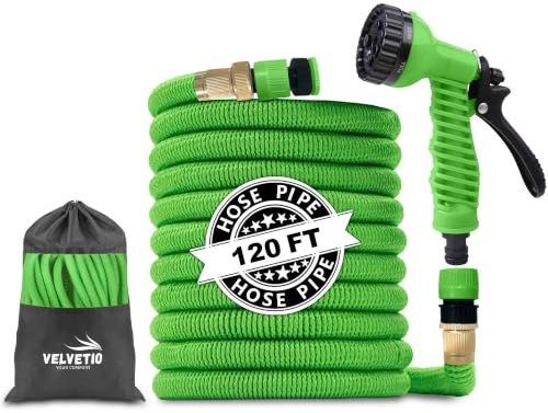 VELVETIO Expandable Strong Garden Hose Pipe 120FT, 7 Function Nozzle Spray Gun with 3/4 1/2 1 Leakproof Connector, 4 Layer Latex Core No Kink Flexible Hose for Outdoor & Car Wash, Green