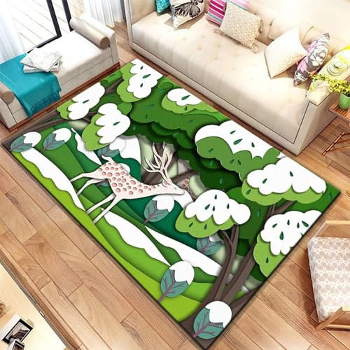 Kind Teppich 160 X 200 Cm, Schlafzimmer Teppich, 3D Teppiche Wohnzimmer Teppiche Weich Rutschfest Teppich Für Wohnzimmer Schlafzimmer Bettvorleger Elch Waldtier Hirsch Cartoon-Zeichnung -3Q6N6Z1A1C1A0