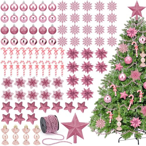 Blulu 101 Pièces Ensemble de Décoration de Sapin de Noël pour Boule de Noel Canne en Bonbon Cimier Sapin Flocons de Neige Étoiles en Mousse Fleurs Guirlandes de Perles(Rose)