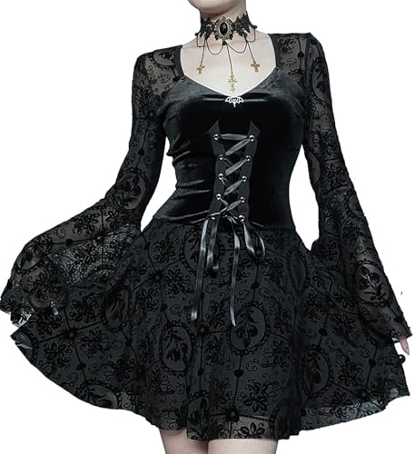 DINGJIUYAN Gothic Dress Women Square V Neck Flare Long Sleeve Floral Bodycon Mini Dresses Halloween Party Costume