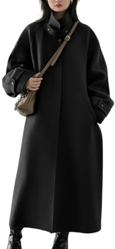 chouyatou Women's Winter Hidden Single Breasted Wool Coat Raglan Sleeve Business Long Wool Overcoat (Large, Black)