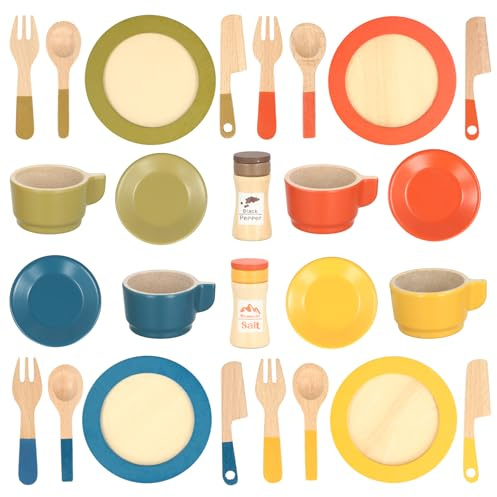 Wooden Tea Set for Toddlers, 26pcs Wooden Kitchen Toys Plates and Cutlery Set, Kids Pots and Pans Playset Kids Role Play Toys Gift for Toddlers Girls Boys Age 2 3 4