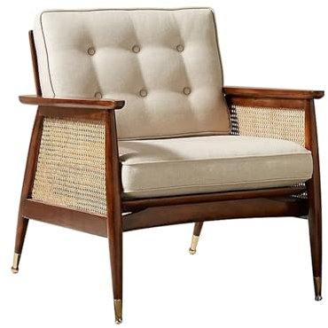 Rattanstuhl Gartenstühle Akzentstuhl mit Rattan-Armlehnen, gepolsterter Mid-Century Modern Stuhl for Schlafzimmer, Wohnzimmer, Lesestühle, Rattan-Sessel, Retro-Freizeitstuhl für Garten， Terrasse， Balk