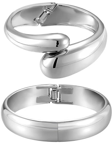 Emibele Manschette Armband Stack, Offener Armreif Armband, Teardrop Scharnier Handgelenk Chunky Armband Set für Frauen, Nicht Anlaufen Schmuck Geschenk, 2 Pack, Silber