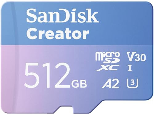 SanDisk Creator Tarjeta microSDXC UHS-I 512 GB con Adaptador (para Smartphone, Cámaras y Drones, 4K, 5.3K, A2, C10, V30, U3, Velocidades hasta 190 MB/s, 3 meses a Adobe Lightroom incluida)