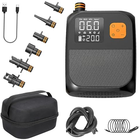 Pompa elettrica Paddle, gonfiatore ricaricabile 20PSI con 1 porta USB, luci a LED e 6 ugelli gonfiaggio a due stadi, pompa ad aria senza fili per Kitesurf, Tenda, Materasso