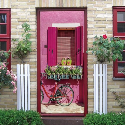 Türtapete 3D Selbstklebend Türposter - Fahrradblumen Vor Dem Fenster 95 X 215 Cm - Türaufkleber Fototapete Abziehen Und Aufkleben Türfolie Poster - Kinderzimmer Wohnzimmer Küche Schlafzimm-1704379570