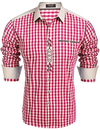 COOFANDY Trachtenhemd Herren Oktoberfest Hemd Bayrisches Hemd Männer Karohemd mit Baumwolle Trachten Hemden Kariertes Festhemd Oktoberfest Herren Outfit 45-rot L