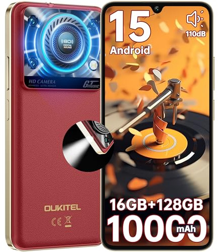 OUKITEL C60 Handy Ohne Vertrag Android 15-16GB+128GB Smartphone Ohne Vertrag 10000mAh 6.88 Zoll 90Hz Bildschirm 120LM Taschenlampe,Lautsprecher 13MP+5MP Kamera,GPS, Dual SIM Simlockfreie Handys, Rot