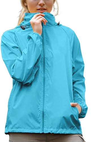 AACH Regenjacke Damen Wasserdichte Jacke Ultraleicht Regenmantel Langarm Funktionsjacke Sonnenschutz Mantel Sportlich Dünne Outdoorjacke mit Kapuze Regenparka Full Zip Locker Windjacke