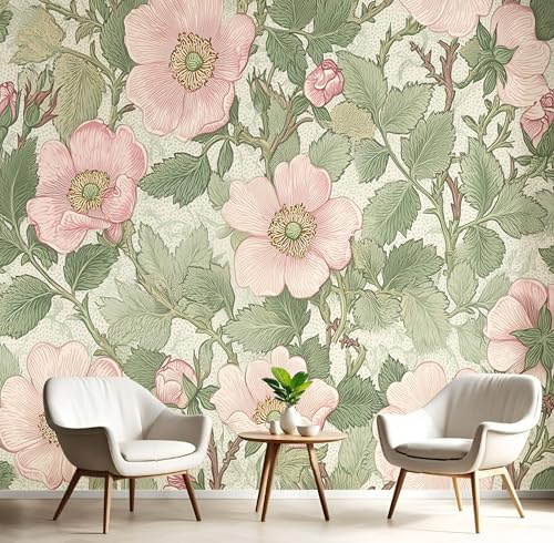 JEDTAKCT Papier Peint Panoramique Forêt De Roses, Papier Peint Mural Photo Motif William Morris Botanicals Vert Sauge, Tapisserie Panoramique Salon, Décoration Murale Chambre, 250X175Cm