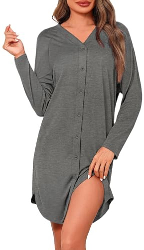 Crewhpo Camicia da Notte Donna Cotone Camicie Notte a Maniche Lunghe Comodo Vestaglia Ospedale Scollo a V Pigiama Aperta Davanti con Bottoni Grigio Scuro M