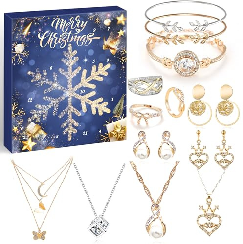 ZJTAPE Schmuck Adventskalender Frauen 2025 Mädchen Weihnachtskalender, 12 Überraschungen Armband Halskette Ring Ohrringe, Weihnachten Geschenk Damen Schmuck Set für Damen Mädchen Beste Freundin