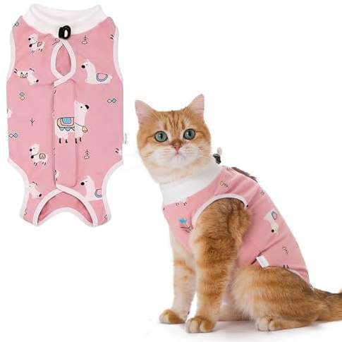 Funalix Katzen Erholungsanzug,Katzen Sterilisation nach der Operation Anti-Lick-Anzug Haustier,Süße Alpaka Muster Design Katze Chirurgie Wiederherstellung Anzug (Pink/M)