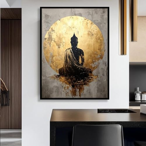 TONGYINLI Großes Buddha-Gemälde, minimalistisches Porträt-Wandbild, goldener Buddha-Kopf, Poster-Kunstwerk für Wohnzimmerdekoration, 50 x 75 cm, rahmenlos