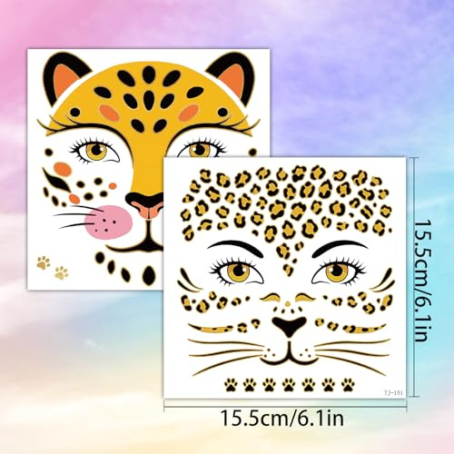 Qpout Gepard Gesicht Temporäre Tattoos für Kinder Erwachsene, 6pcs Bronzing Leopard Print Tattoo Aufkleber für Gepard Geburtstagsfeier Gastgeschenke Dekorationen Halloween Cosplay Kostüm Dekor