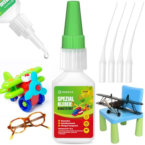 Kunststoffkleber Extra Stark Wasserfest – 30g Set Mit Sekundenkleber & Anti-Austrocknung – Super Spezial Klebespitzen für Kunststoff, Modellbau– Plastik Kleber ultra Transparent & HitzebestäNdig