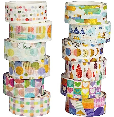 YUBX Washi tejp, 12 rullar Washi tejp set dekorativ washitejp söt guldfolie dekorativ maskeringstejp för gör-det-själv konst och hantverk (grundmönster)