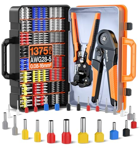 Crimpzangen Aderendhülsen Set, Preciva 0.08-16mm² Crimpzange Sechskant Aderendhülsenzange mit Aufbewahrungsbox, Abisolierzange und 1110 Stück Einzeilige Aderendhülsen + 265 Stück Twin Aderendhülsen