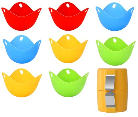 Silicone Egg Poachers Set of 9, 8 Poached Egg Moulds and 1 Yellow Egg Opener, Perfect for Healthy Breakfast, Quick Meals, Cooking Enthusiasts, Parents, Camping, Size 9CM Diameter 6.5CM Height