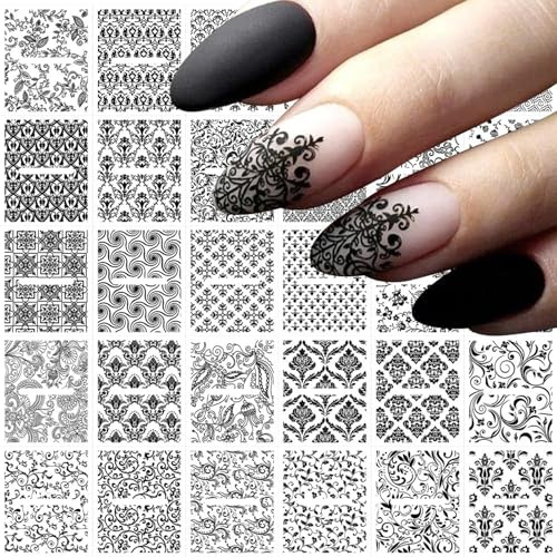 Aribliseza Sticker Ongles, 30 Pièces, Autocollants Ongles Autoadhésifs, Dentelle et Fleur Nail Art, Autocollants Ongles pour DIY Manucure Acrylique, Noir
