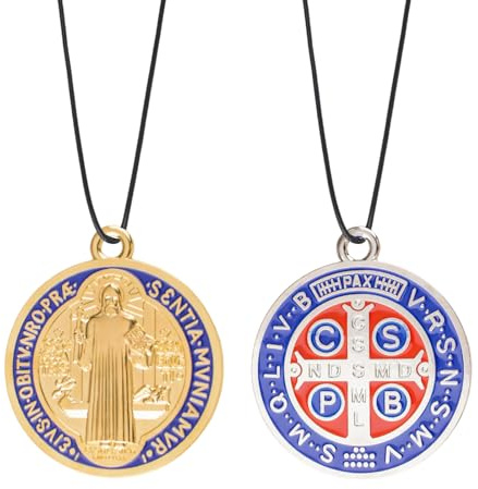 HACRAHO Blue St Benedict Medals,2 PCS Double Sided Religious Cross Protection Charms Saint Benedict With St Christopher Medal for Car Hanging Charm Home Door Hanger Decor9*8cm(Silver&Gold Blue)