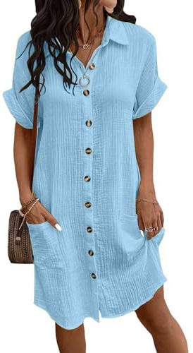 Yutdeng Robe Chemise Femme Été Coton Lin Robe Femme Ete Manches Courtes Casual Chemise Robes de Plage Elegant Col en V Ample Robes D'Été Décontractée Femmes au Genou Chic Respirant avec Poches Boutons