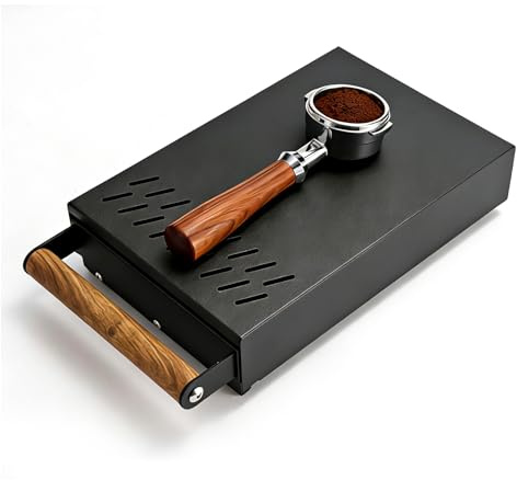 Kaffesump Låda, Knock Box för Portafilter, Kaffesump Behållare i Rostfritt Stål Svart med Trähandtag, Avslagslåda med Gummerad Slåstång och Ventilation, 31,5 x 21 x 7 cm