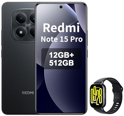 XIAOMI REDMI Note 15 Pro 4G - Smartphone de 12+512GB, batería de 6500 mAh, cámara de 200 MP, Pantalla AMOLED FHD+ de 6,77 Pulgadas, Negro, Included Smart Watch