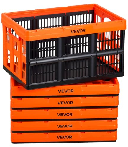 VEVOR Cajas de Almacenaje Plegables de Plástico 45 L, 6 Unidades, Contenedores de Almacenaje con Asas, sin Tapa, Ahorra Espacio, Soporta 15 kg para Hogar Coche Organización Camping, Naranja y Negro