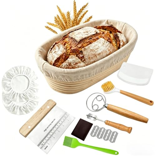 Gärkörbchen Set rund 23 cm aus natürlichem Rattan, Komplettes Brotbackset mit Bäckermesser, Teigschaber, Gärfolie, Bürste & Leinen,Sauerteig Zubehör Für Profis & Heimbäcker (Gärkörbchen oval)
