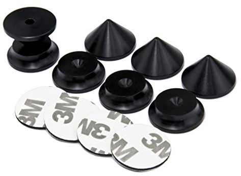 PrecisionGeek - Högtalare spikar och dynor set, svart anodiserat aluminium, koniska spikar 20 mm diameter, dynor 5 radie form 20 mm diameter, självhäftande ingår för HiFi-system, skåp, soundbars